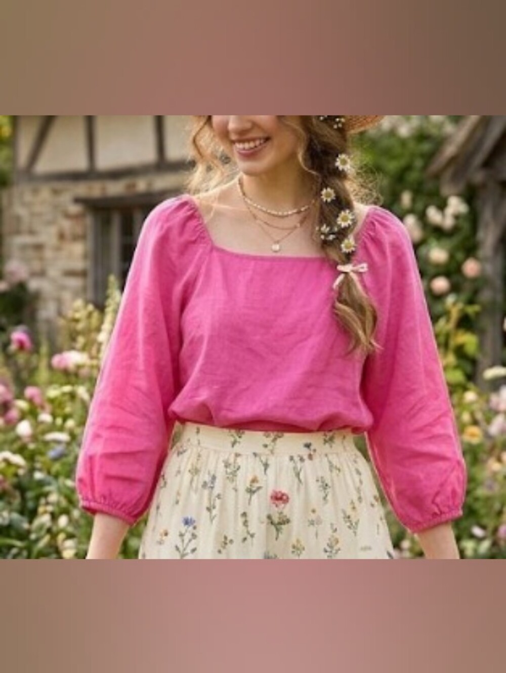 100% Linen Pink Square-Neck Peasant Top (Sz M) Peasant Boho Cottage Core Garden